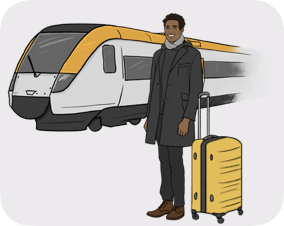 A traveler in front of a train